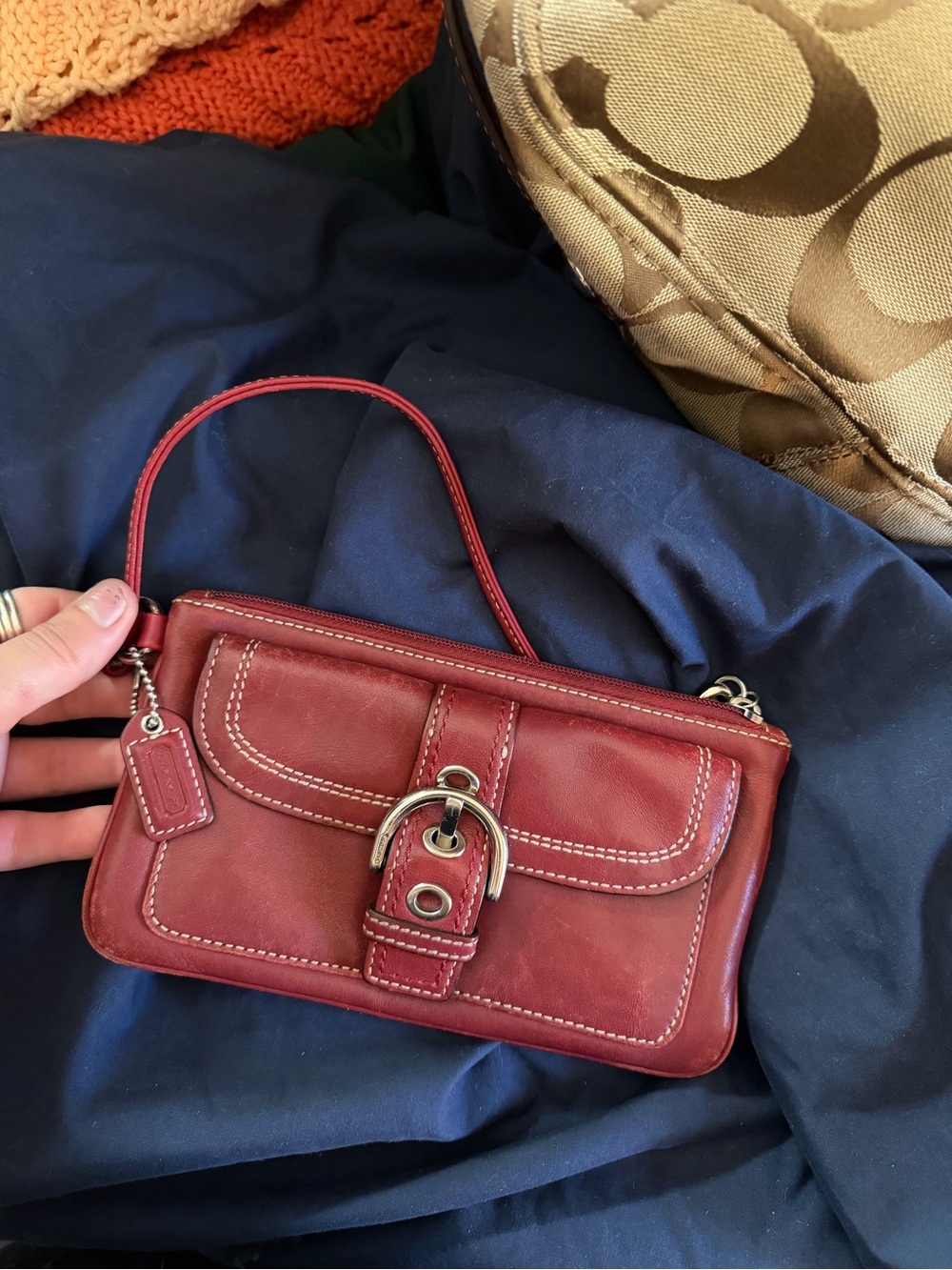 Coach Burgundy Leather Wristlet Clutch with Buckle Detail